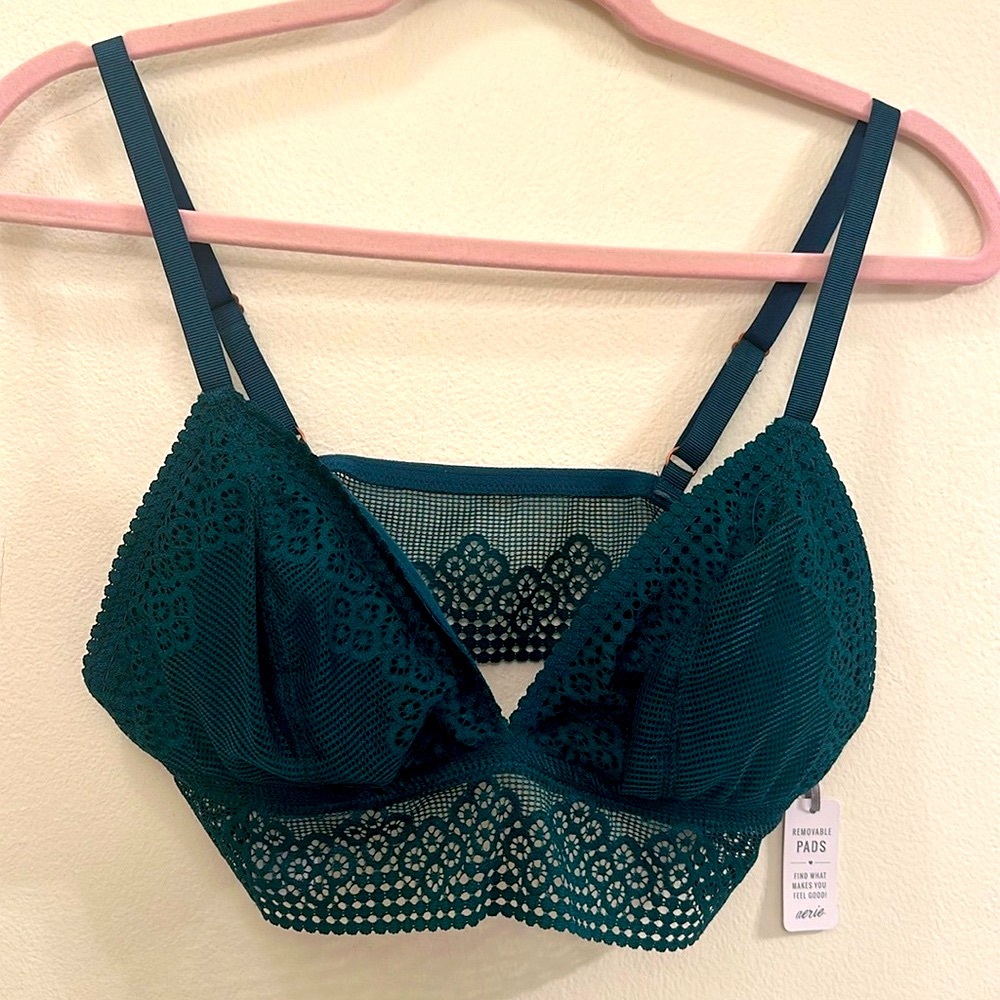 AERIE Green Bralette with cutouts lace size L NWT